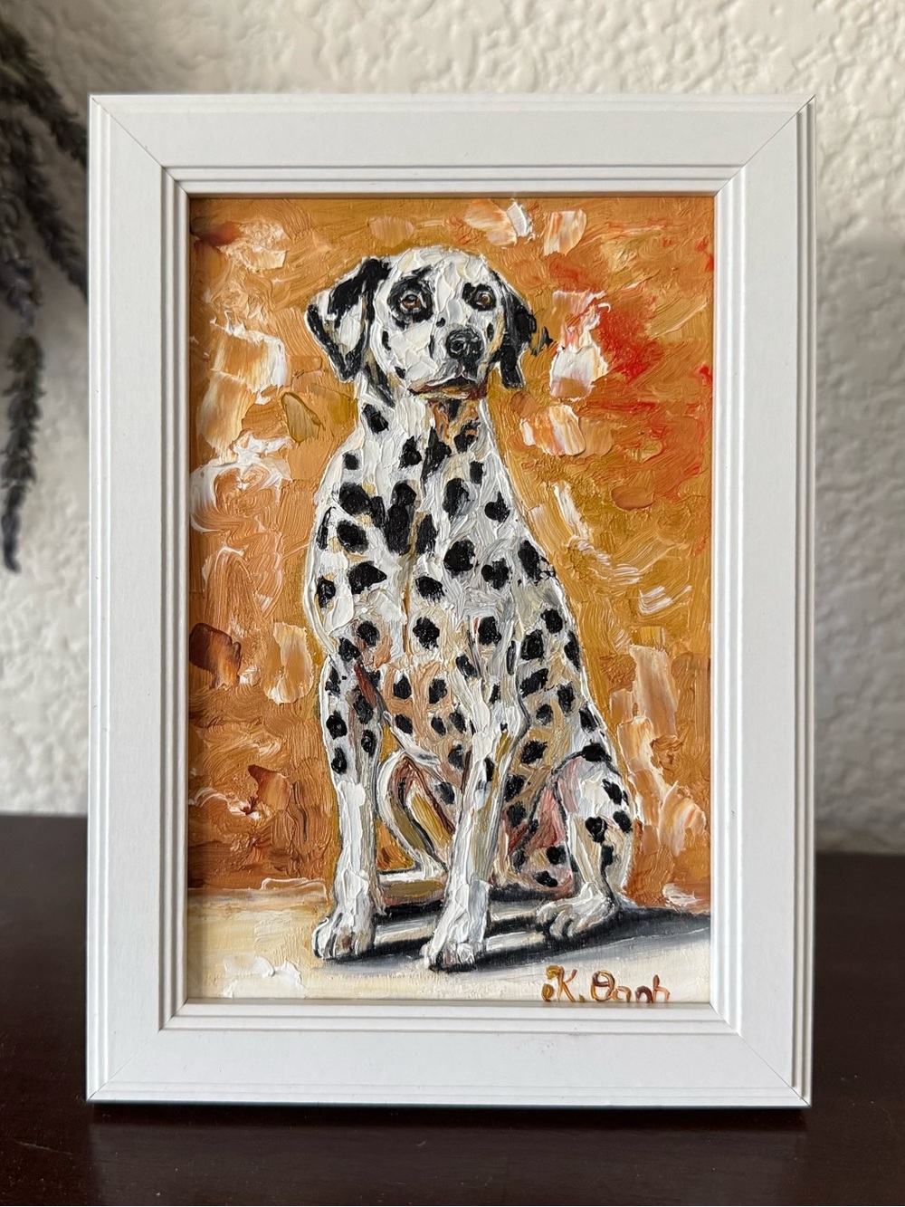 Original oil painting Dalmatian Dog portrait signed framed 4x6 inch